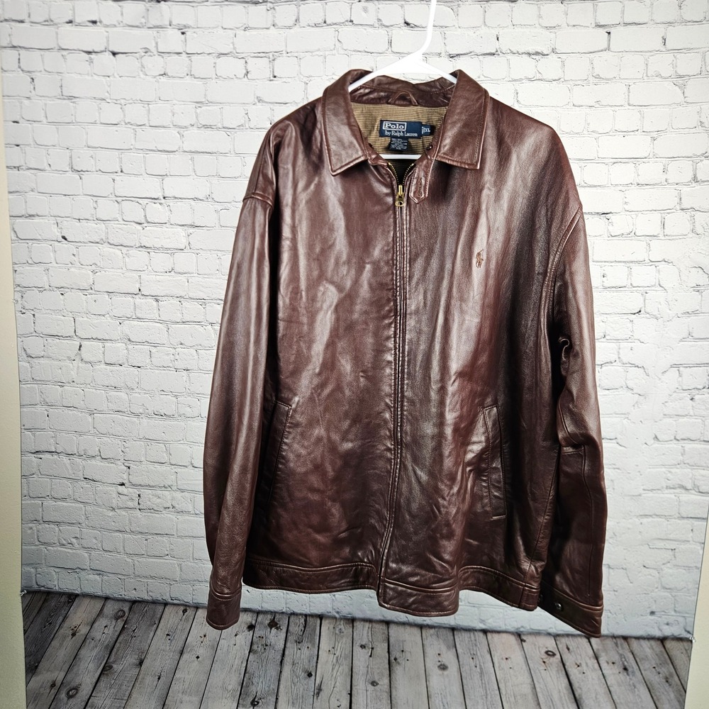 Polo Ralph Lauren Mens XL Brown Genuine Leather Full Zip Harrington Jacket